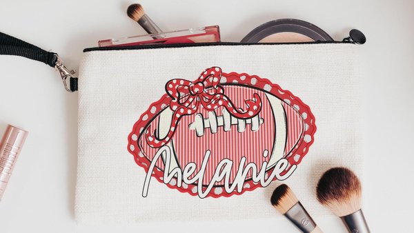 personalized red school spirit pencil bag with name, red seersucker football cheer Christmas gifts for girls, cute cheerleader makeup bag