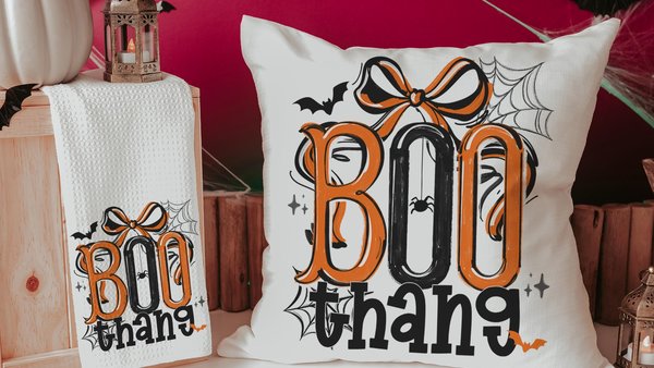 boo thang funny Halloween throw pillows for chair, boo basket stuffers for adults, Halloween coquette kitchen towels, spooky season gifts