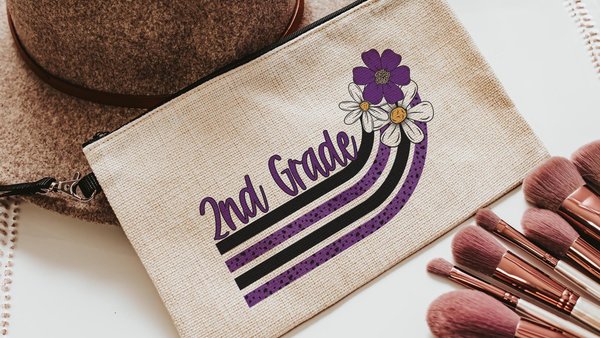 purple and white daisy pencil pouch personalized 2nd grade teacher gifts for women, purple school pride purple school supplies, second grade