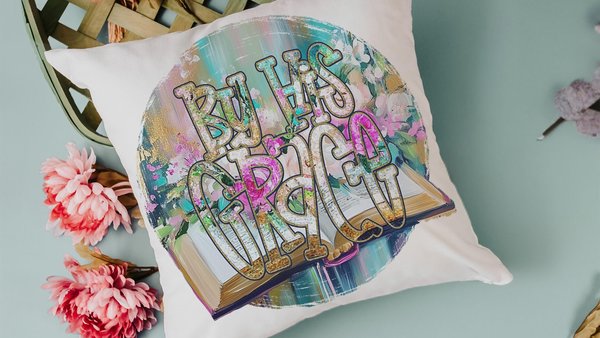 by His grace Christian throw pillow covers 18x18, Christian Easter decor gift, watercolor floral decorative pillows for couch, faith gifts