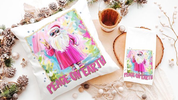hippie Santa throw pillows for couch, peace on earth kitchen towels for Christmas, hot pink Santa Claus holiday hosting decor home decor