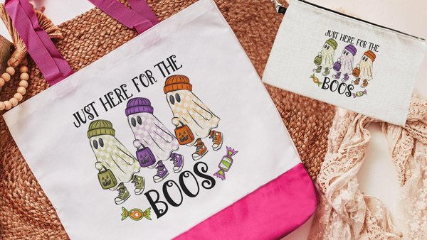 just here for the boos trick or treat bags for girls, funny Halloween tote bag for women, boo basket gifts for her, checkered ghost makeup