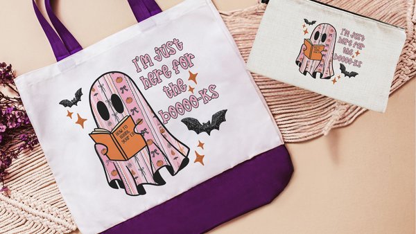 just here for the books librarian tote bag for women, bookish ghost trick or treat bags for girls, cute Halloween coquette makeup bags best