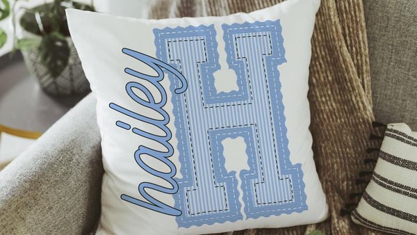 personalized Carolina blue seersucker pillow with name, Christmas gifts for college girls, tween girl gifts, initial throw pillow for girls