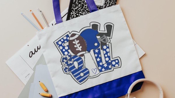 royal blue football tote bag for school, back to school gifts for teachers, school spirit gear, football cheer gifts for seniors, game day