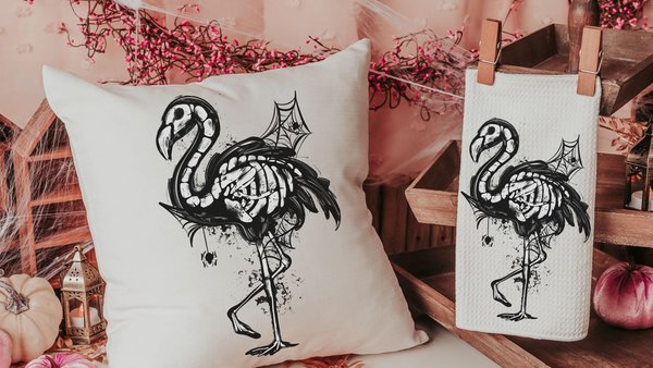 flamingo skeleton throw pillows for living room, spooky cute Halloween kitchen towels home essentials, flamingo gifts for women, beachy