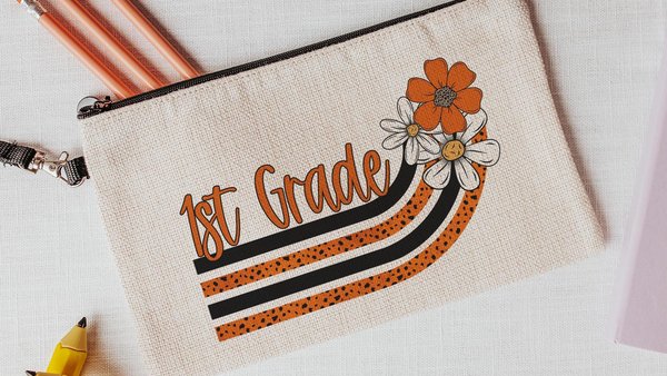 orange and white daisy pencil pouch personalized cute makeup bag, orange school spirit school supplies, first grade teacher gifts for women