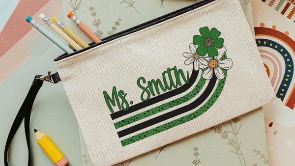 green and white daisy pencil pouch personalized green school spirit green school supplies for teachers, cute makeup bag for women, back to