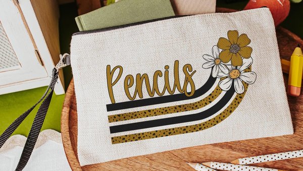 personalized daisy pencil pouch for kids, gold school spirit items, cute school supplies for girls, back to school pencil case for teenage