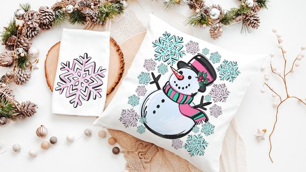 cute snowman throw pillow covers 18x18, pale pink snowflake kitchen towels, girly Christmas gifts for adult daughter, aqua Christmas decor