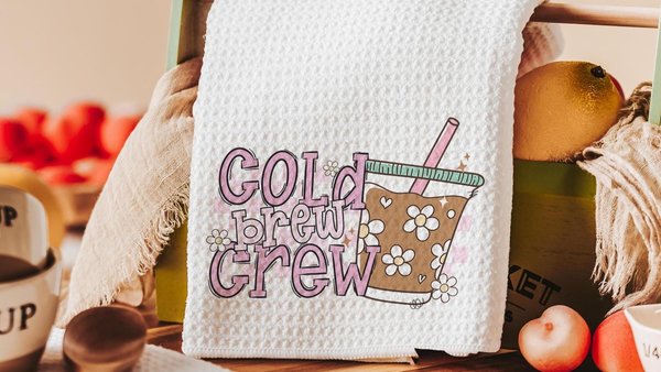 cold brew crew coffee kitchen towels for friends, iced coffee lover coffee bar decor, coffee Christmas gifts for coworkers, coffee gifts for