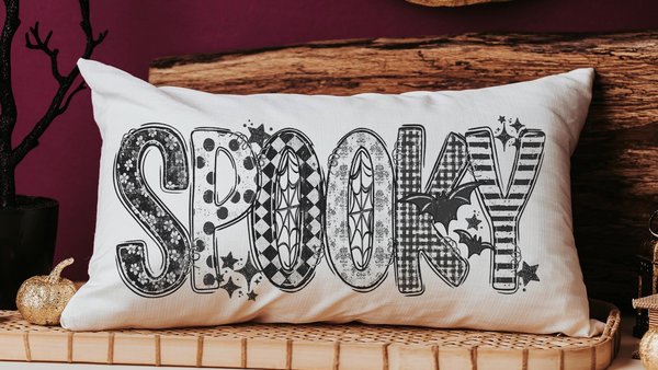 spooky cute Halloween lumbar pillow cover 12x20, Halloween coquette throw pillow for bed, girly goth decor witchy gifts for girlfriend, boo