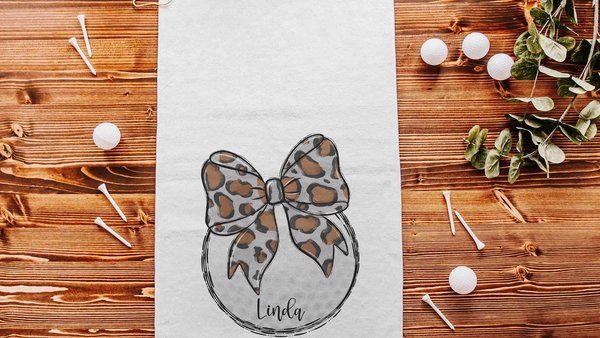 personalized leopard print golf coquette golf towel with name, trendy golf Christmas gifts for golfers, girls golf team gifts, golfing gear