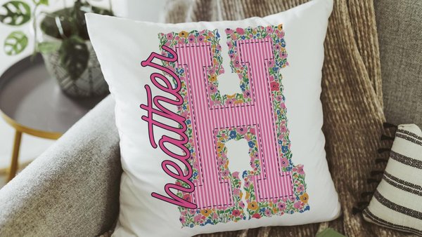 personalized pink preppy throw pillow with name, floral seersucker pillow for college student, teenage girl gifts, Christmas gifts for girls