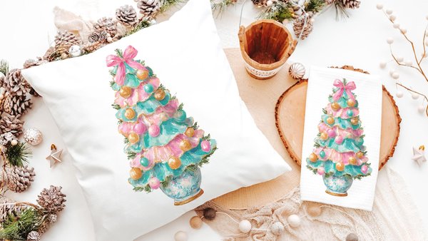 pastel Christmas tree throw pillows for couch pink grandmillenial Christmas kitchen towels for winter, holiday hosting decor home decor gift