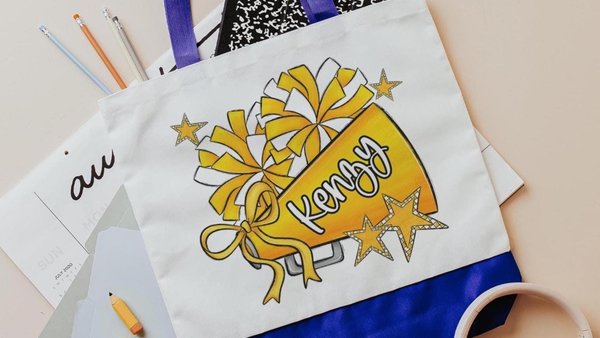 personalized cheer tote bag with name, yellow school spirit cheerleading gifts for girls, Christmas gifts for cheerleaders stocking stuffers