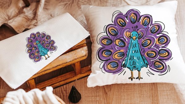 purple peacock decorative accent pillows for dorm room, cute peacock gifts, turquoise peacock kitchen towels for friends, teal peacock decor