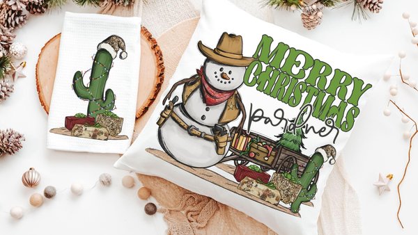wild west cowboy snowman cute Christmas throw pillows for sofa, country western Christmas decor, cactus Christmas kitchen towel, funny