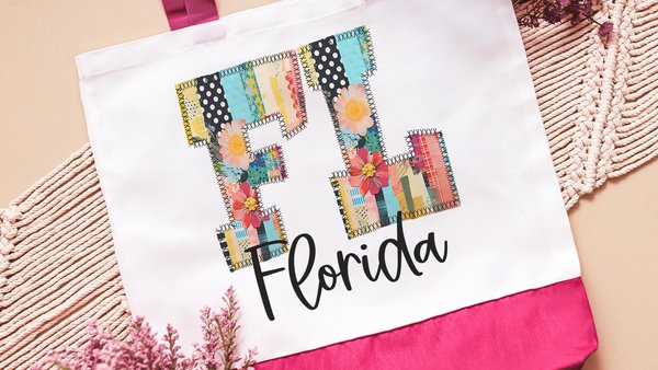 faux patchwork Florida tote bag for beach, Florida Christmas gifts for realtors, cruise tote bags for women, moving to Florida gifts, best