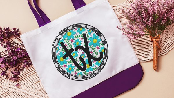 turquoise floral Texas tote bag for new homeowners, Texas Christmas gifts for neighbors, TX bag for gift, moving to Texas gifts for women