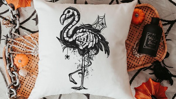 flamingo skeleton throw pillows for living room, spooky cute Halloween decor for gifts, boo basket stuffers for girlfriend, beach goth gifts