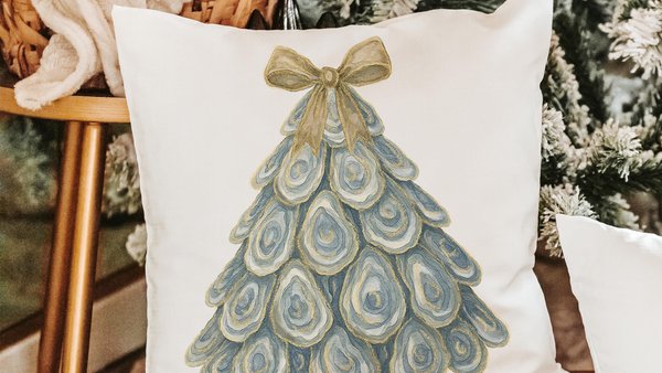 oyster shell nautical Christmas tree throw pillow for guest room, coastal Christmas pillow cover 18 x 18, beach Christmas gifts for ladies