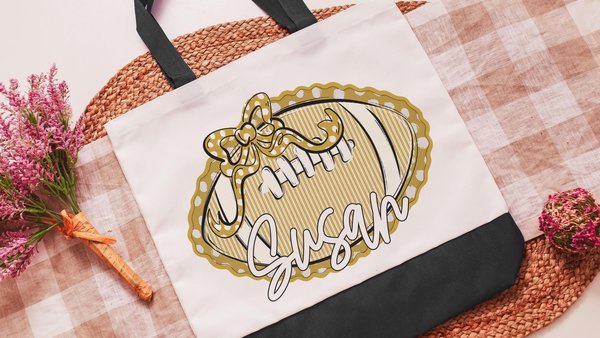 personalized seersucker football tote bag for back to school, gold school spirit items, girly football tote for games, football mom gifts