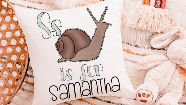 personalized S is for kids name pillow for nursery rocking chair pillows, swamp nursery decor, snail nursery accent pillow for bed, woodland