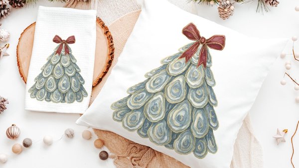 oyster shell Christmas tree throw pillows for women apartment decor trendy Christmas hand towels for kitchen, oyster Christmas gifts for her