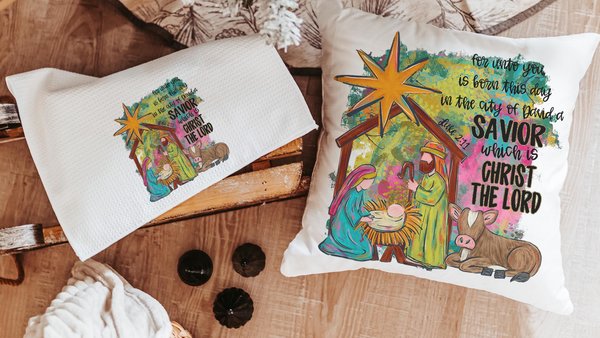 watercolor nativity Joseph Mary Jesus throw pillows for couch religious Christmas hand towels for powder room, Christian Christmas gifts for