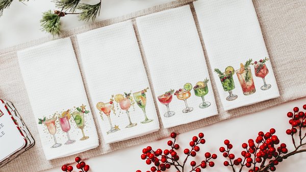 Christmas cocktail kitchen towels for Christmas bar accessories for home bar, holiday hosting decor home decor gift for couple, Xmas hand