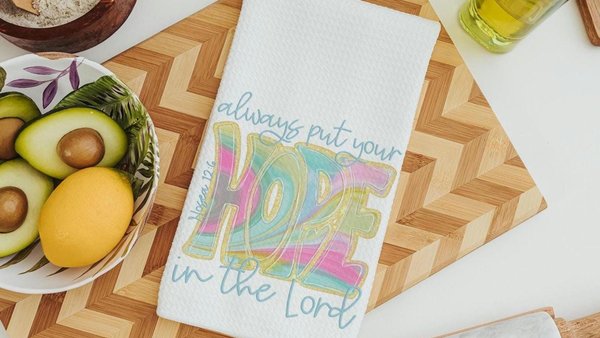 hope in the Lord kitchen towels, religious kitchen decor, faith gifts for her, Bible verse Christian gifts for women inspirational hand