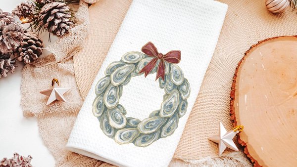 oyster shell Christmas wreath xmas kitchen hand towels coastal Christmas kitchen towel for winter, holiday hosting decor home decor gift