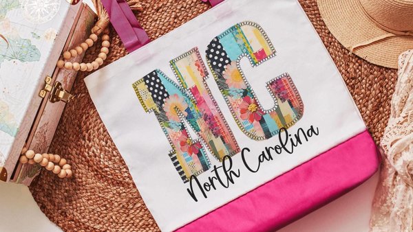 faux patchwork NC tote bag for her, North Carolina Christmas gifts for realtors, farmers market bag for women, NC gifts for Xmas, college