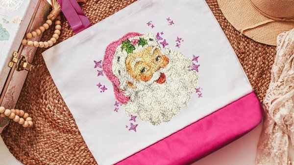 pink Santa tote bag for women, stocking stuffers for coworkers, cute Christmas gifts for preschool teachers, reusable shopping bag, pastel