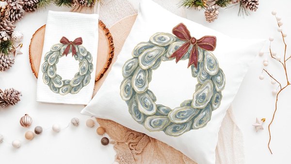oyster shell Christmas wreath throw pillows for living room, oyster Christmas hand towels for bathroom beach Christmas gifts for neighbors