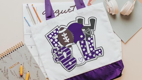Purple football tote bag 