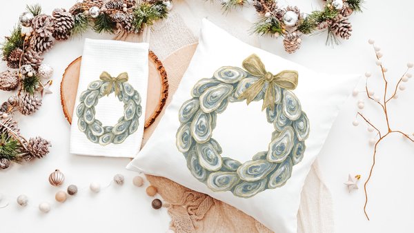 oyster shell Christmas wreath throw pillows for bedroom, coastal Christmas kitchen accessories, oyster Christmas hand towels for bathroom
