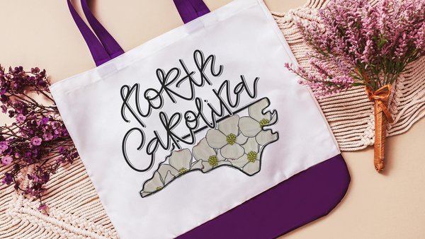 North Carolina tote bag for books, flowering dogwood North Carolina state flower NC gifts, NC Christmas gifts for neighbors, college student