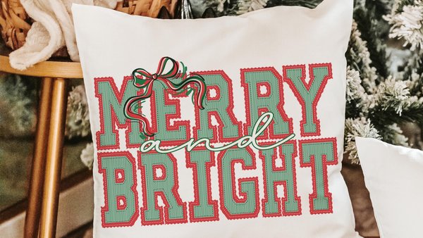 merry and bright preppy Christmas throw pillows for couch red and green seersucker Christmas decor, holiday hosting decor home decor gift
