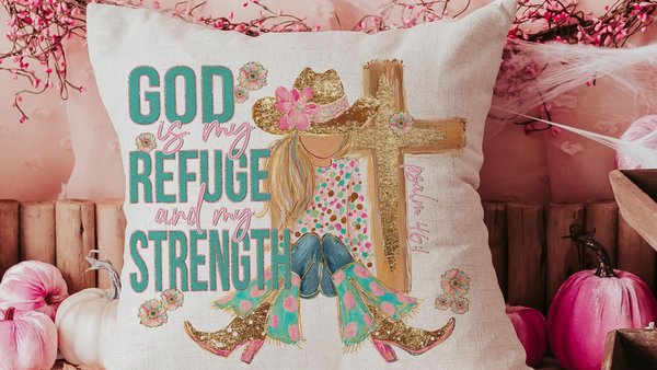 God is my refuge Bible verse decorative pillows for girls, Psalm 46:1 country Christian throw pillow covers 18 x 18, faith based nursery