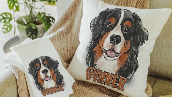 Personalized bernese mountain dog name throw pillows for sofa, bernese kitchen towels, dog lover gift for women, berney decor, cute dog gift