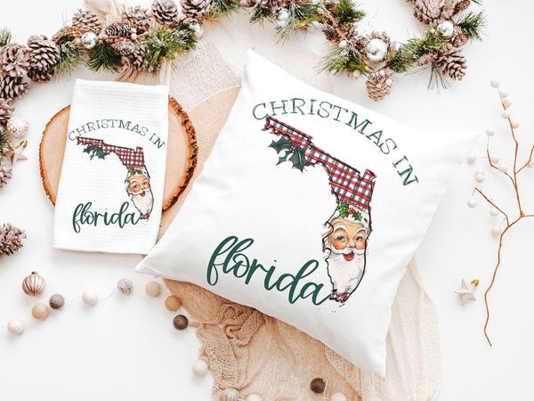 Christmas in Florida Santa throw pillows for couch, Santa Claus hand towel for guest bathroom, Florida Christmas gifts for neighbors, Xmas
