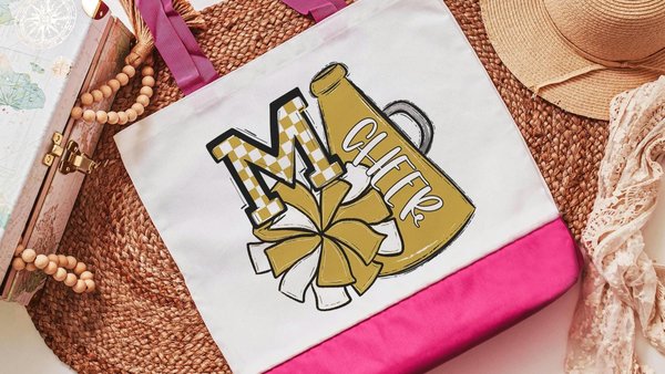 personalized white and gold cheer tote bag for girls, cheer gifts for seniors, gold checkered initial tote bag for teen girls back to school