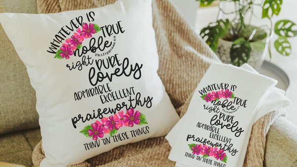 whatever is true pink floral throw pillows for couch religious hand towels for church, Philippians 4:8 decorative pillows with Bible verses