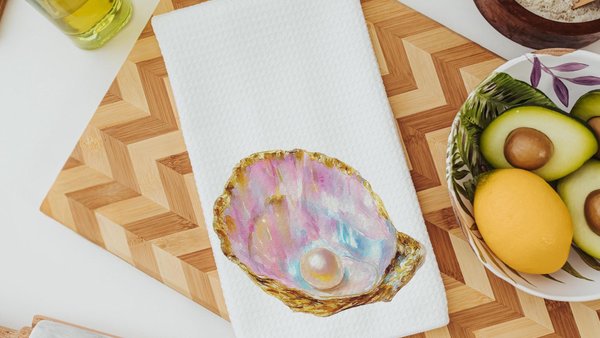 coastal kitchen towels for daughter, opalite pearl oyster hand towels for bathroom beach Christmas gifts for new homeowners, nautical decor