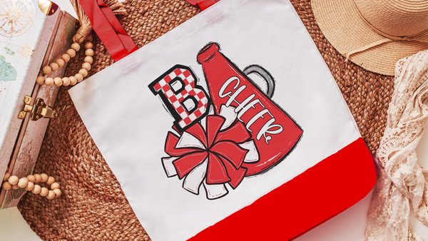 personalized red checkered initial tote bag for girls, cheer squad gifts, cheer travel bag for teens, cheerleader gift with school colors