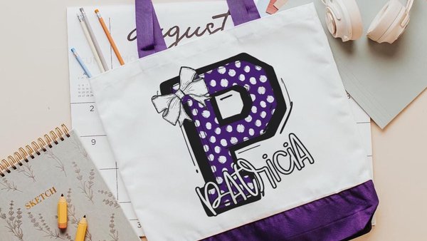 personalized initial tote bag for girls, purple coquette Christmas gifts for teenage girls, custom name tote book bag for teachers, secret