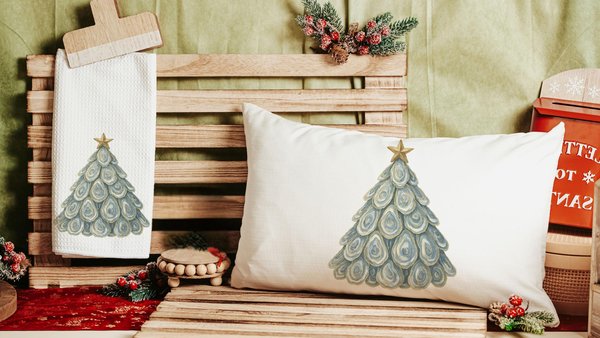coastal Christmas tree throw pillows for guest room, beach Christmas gifts for neighbors, oyster shell decorative pillows for sofa, holiday