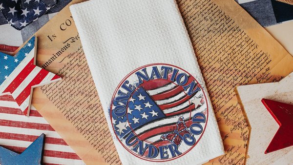 one nation under God American flag kitchen towel, 4th of July kitchen decor, patriotic decor for home, Pledge of Allegiance decor, hostess